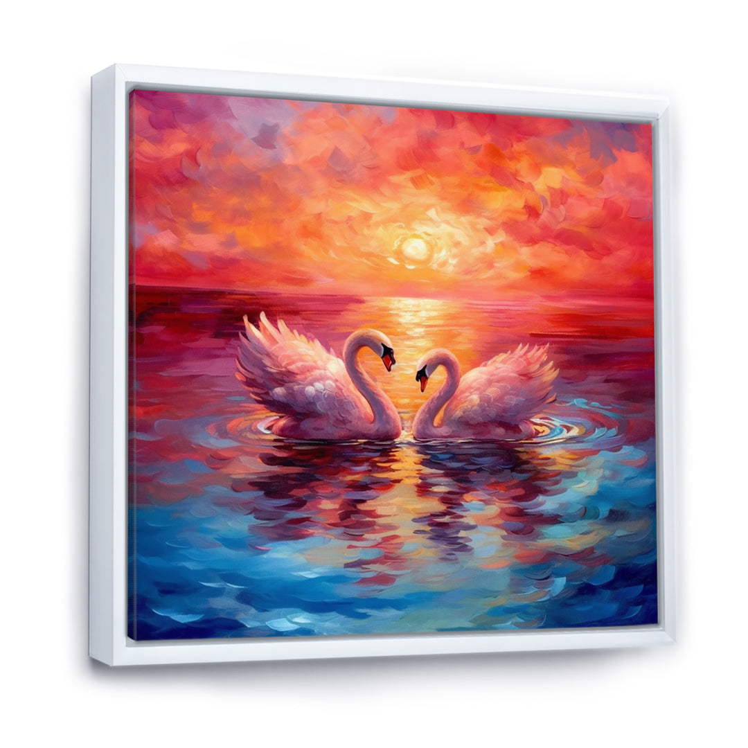 Swans In Love Reflection At Majestic Sunset - Swans Large Canvas Wall Art