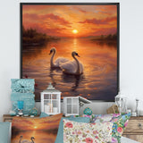 Two White Swans Romantic Sunset - Swans Home Decor Art