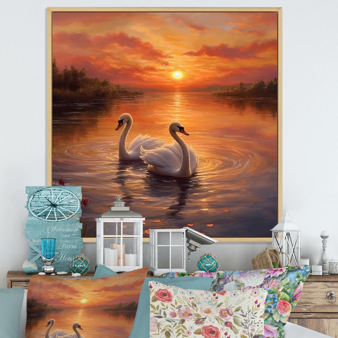 Two White Swans Romantic Sunset - Swans Home Decor Art