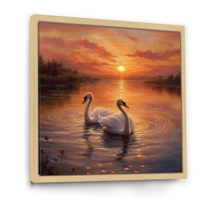 Two White Swans Romantic Sunset - Swans Home Decor Art