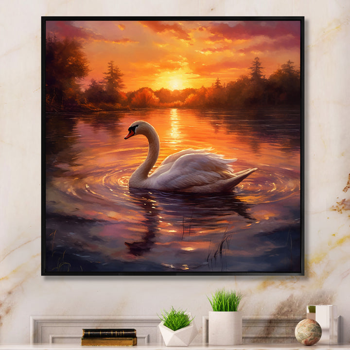 White Swan Romantic Sunset - Swans Living Room Wall Art