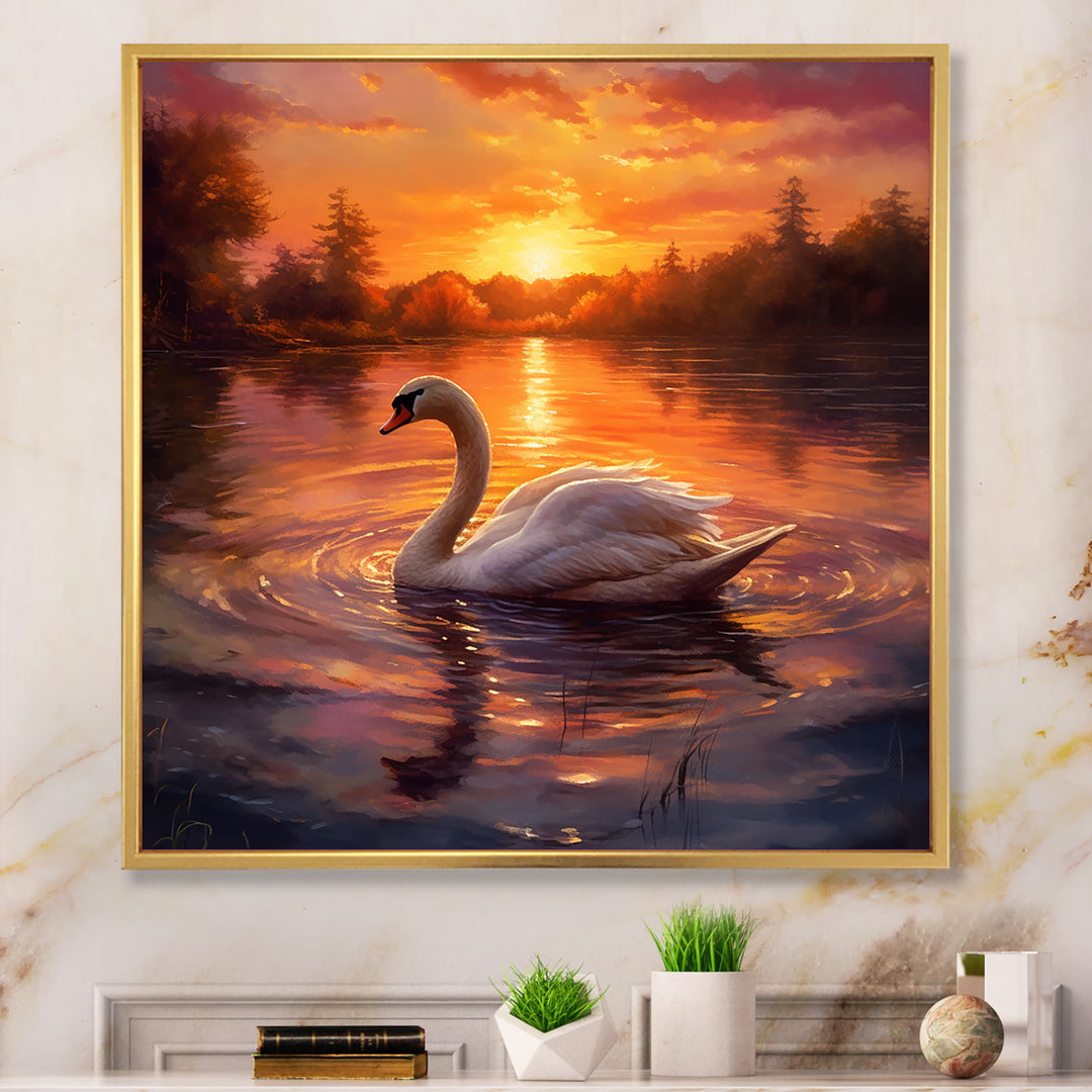 White Swan Romantic Sunset - Swans Living Room Wall Art