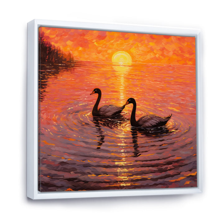 Swans In Love Romantic Sunset - Swans Canvas Wall Art
