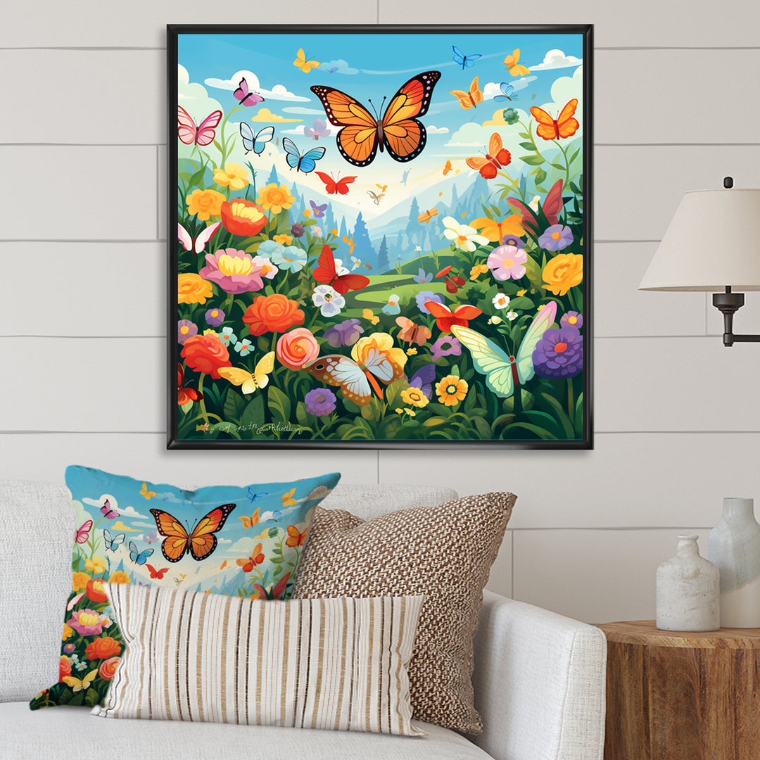 Orange Monarch Butterfly Idyllic Flower field - Butterfly Canvas Wall Art