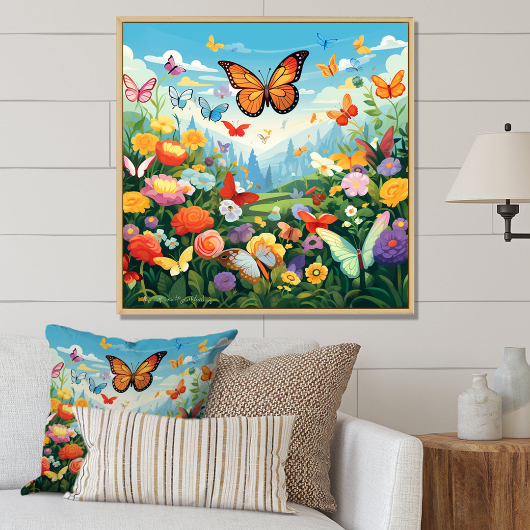 Orange Monarch Butterfly Idyllic Flower field - Butterfly Canvas Wall Art