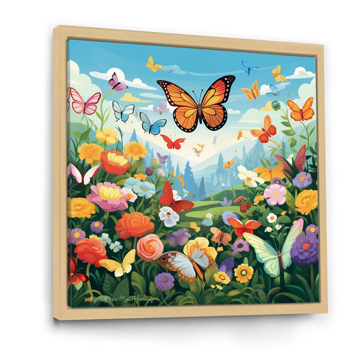 Orange Monarch Butterfly Idyllic Flower field - Butterfly Canvas Wall Art