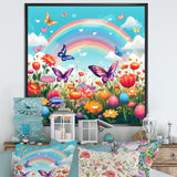 Purple Butterflies Idyllic Rainbow Flower field - Butterfly Canvas Wall Art