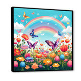 Purple Butterflies Idyllic Rainbow Flower field - Butterfly Canvas Wall Art
