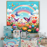 Purple Butterflies Idyllic Rainbow Flower field - Butterfly Canvas Wall Art