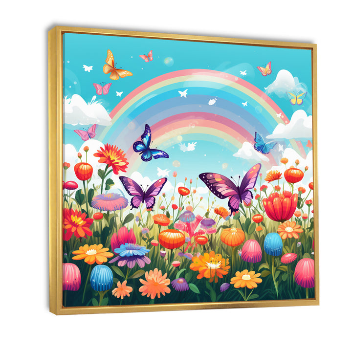 Purple Butterflies Idyllic Rainbow Flower field - Butterfly Canvas Wall Art
