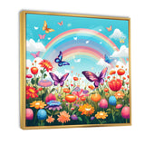 Purple Butterflies Idyllic Rainbow Flower field - Butterfly Canvas Wall Art