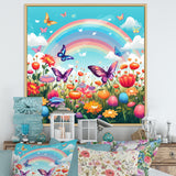 Purple Butterflies Idyllic Rainbow Flower field - Butterfly Canvas Wall Art