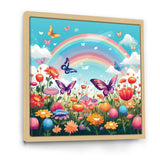 Purple Butterflies Idyllic Rainbow Flower field - Butterfly Canvas Wall Art