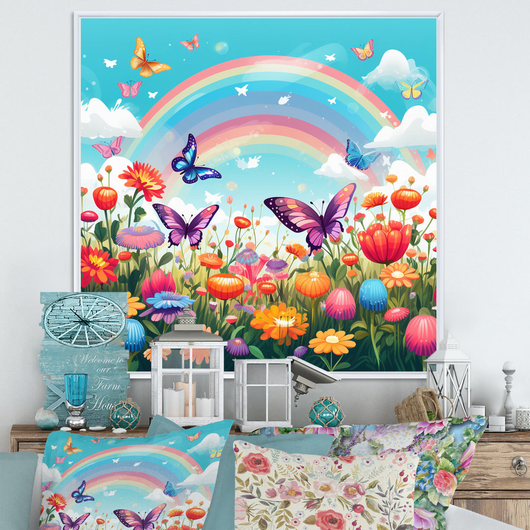 Purple Butterflies Idyllic Rainbow Flower field - Butterfly Canvas Wall Art