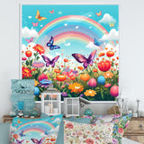 Purple Butterflies Idyllic Rainbow Flower field - Butterfly Canvas Wall Art