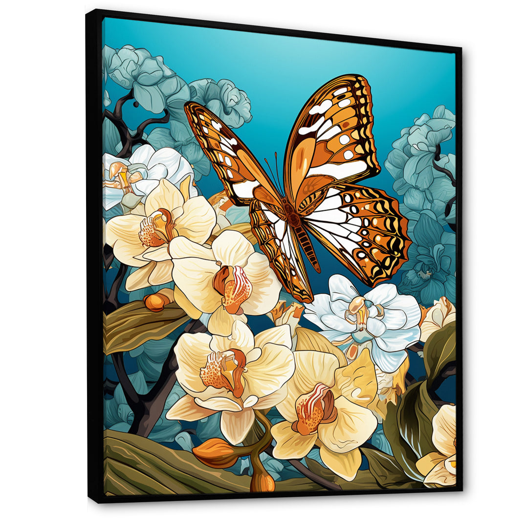 Gracious Brown Butterfly On Orchids Retro - Butterfly Wall Decor