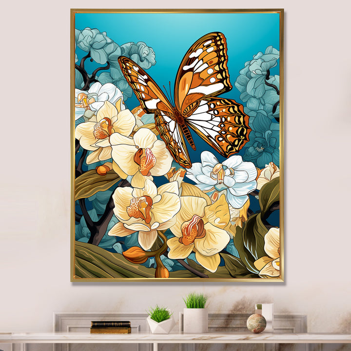 Gracious Brown Butterfly On Orchids Retro - Butterfly Wall Decor