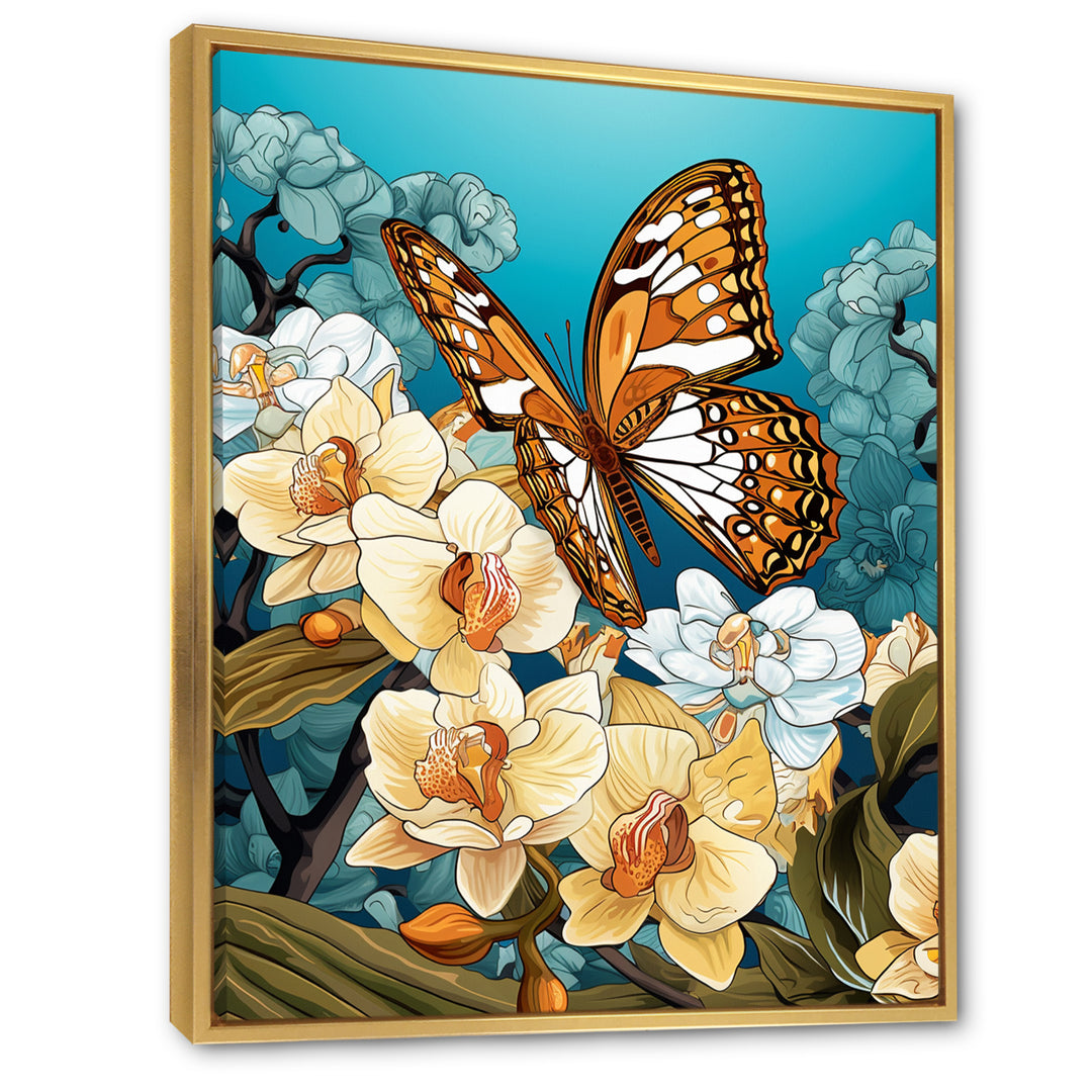 Gracious Brown Butterfly On Orchids Retro - Butterfly Wall Decor