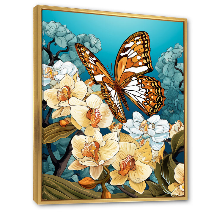 Gracious Brown Butterfly On Orchids Retro - Butterfly Wall Decor