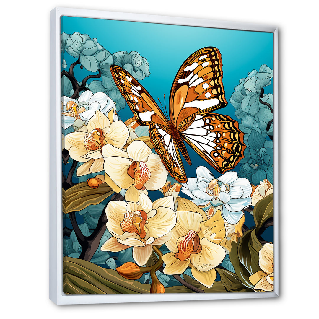 Gracious Brown Butterfly On Orchids Retro - Butterfly Wall Decor