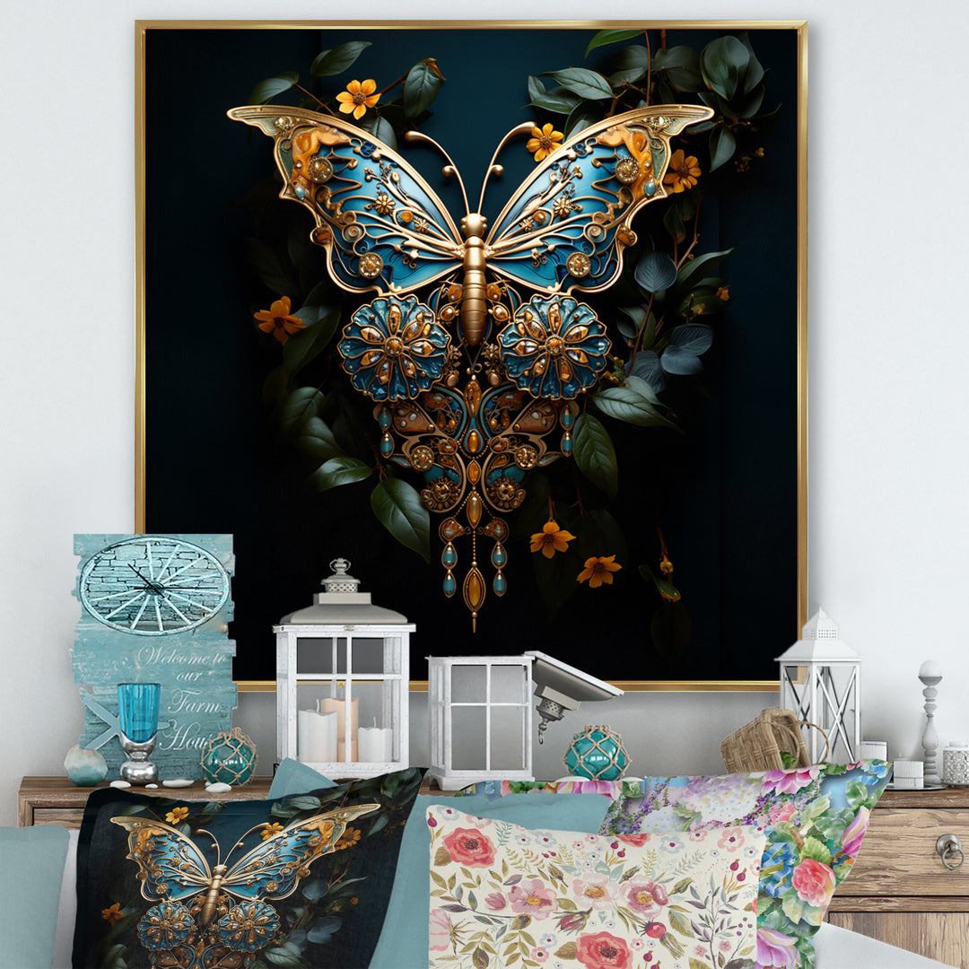 Futuristic Amber And Teal Butterfly - Butterfly Large Canvas Wall Art