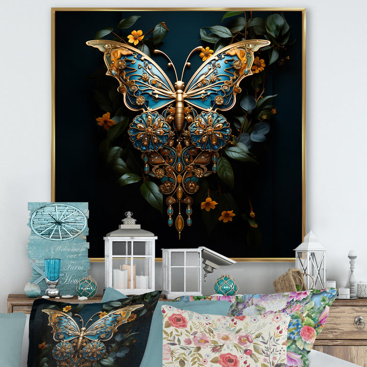 Futuristic Amber And Teal Butterfly - Butterfly Large Canvas Wall Art