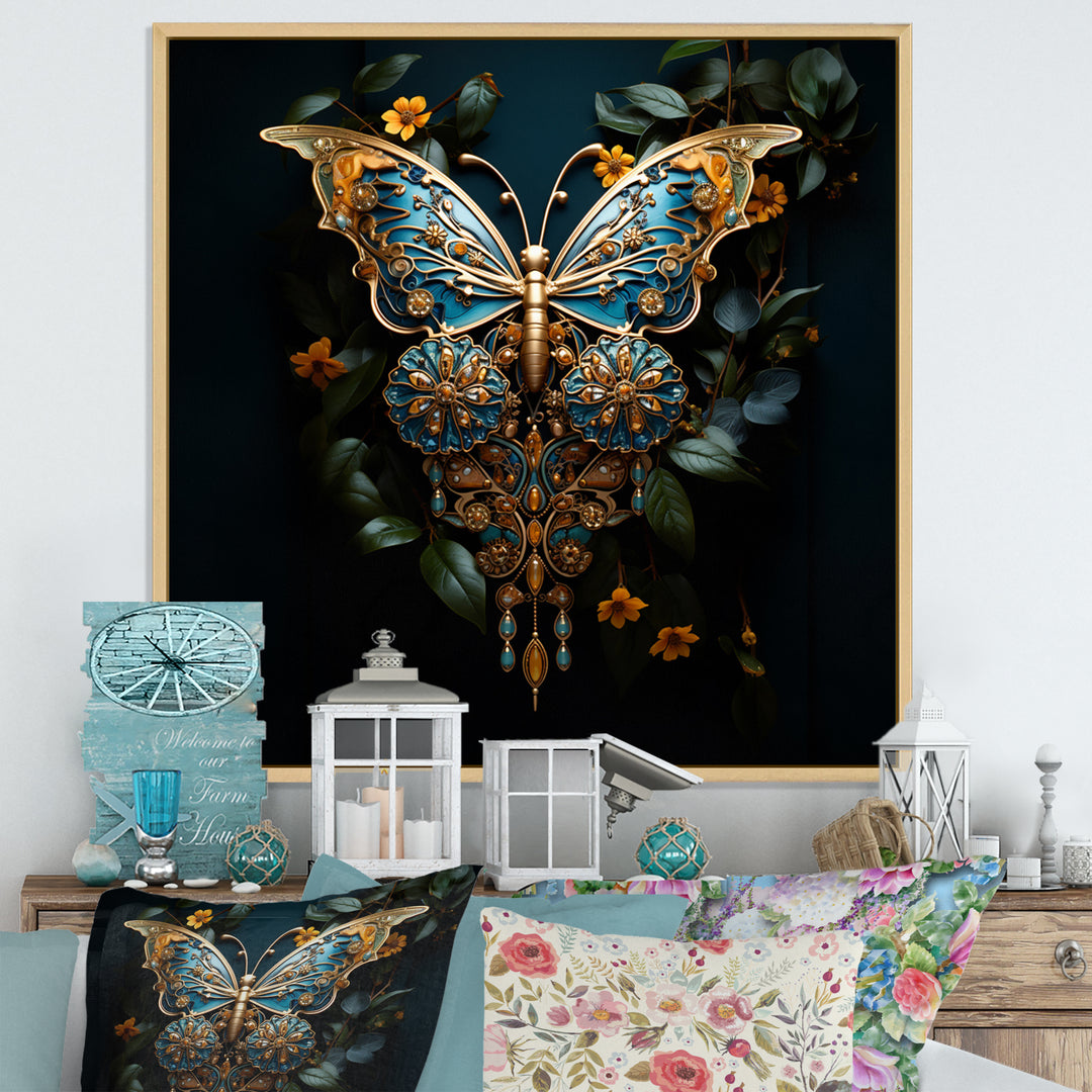 Futuristic Amber And Teal Butterfly - Butterfly Large Canvas Wall Art