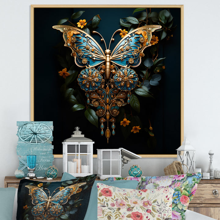 Futuristic Amber And Teal Butterfly - Butterfly Large Canvas Wall Art