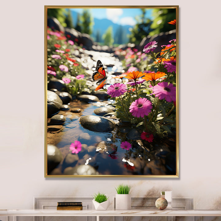 Orange Monarch Butterfly Flowerful Stream - Butterfly Home Decor Art