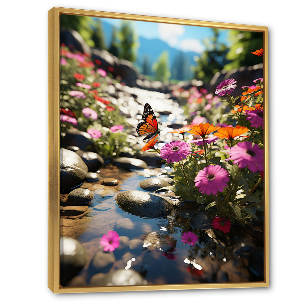 Orange Monarch Butterfly Flowerful Stream - Butterfly Home Decor Art