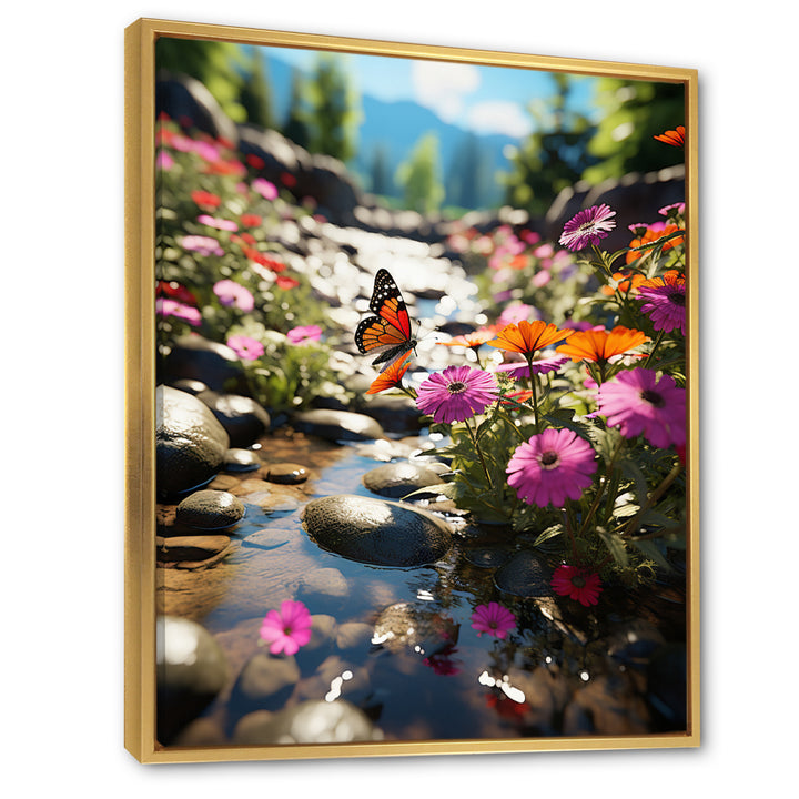 Orange Monarch Butterfly Flowerful Stream - Butterfly Home Decor Art