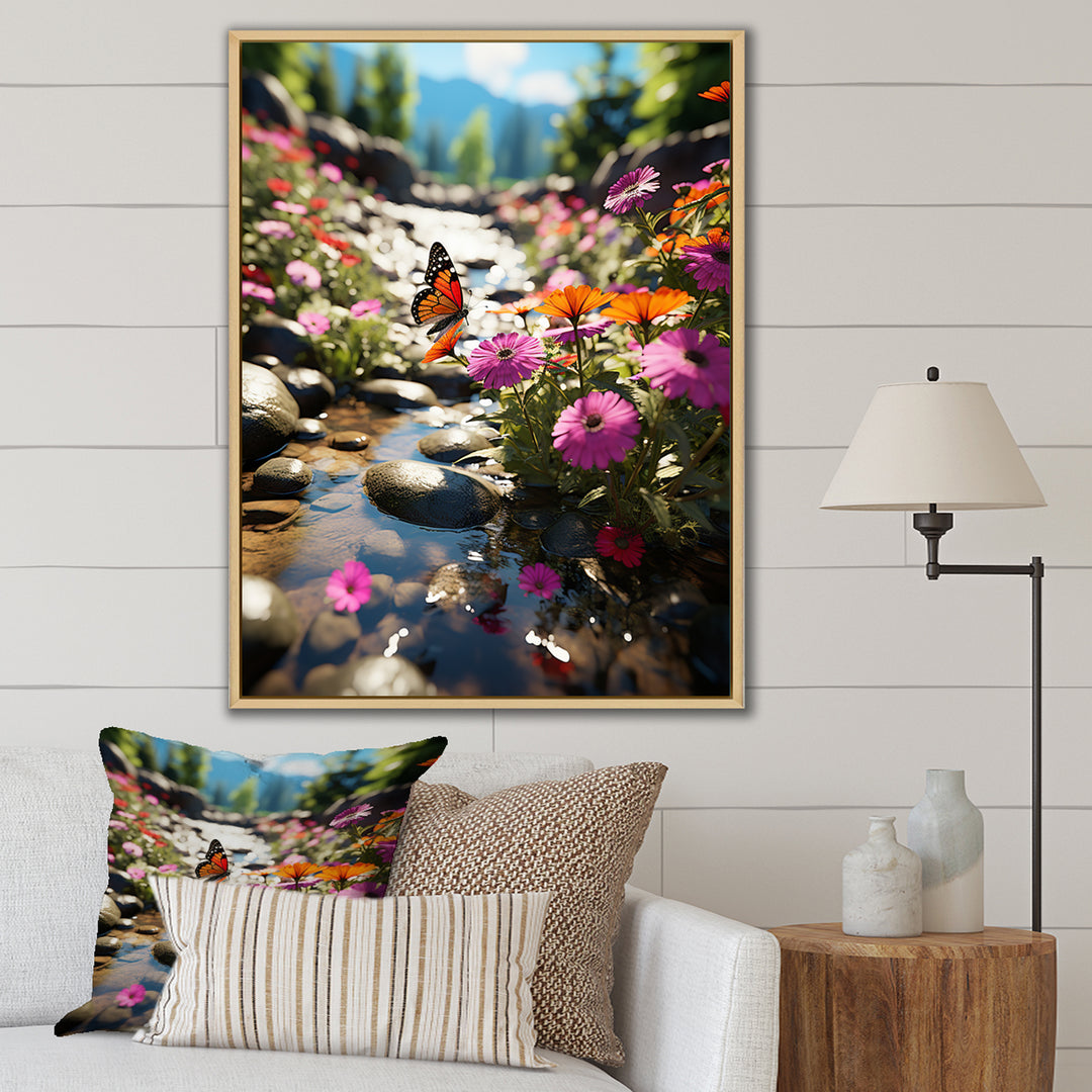 Orange Monarch Butterfly Flowerful Stream - Butterfly Home Decor Art