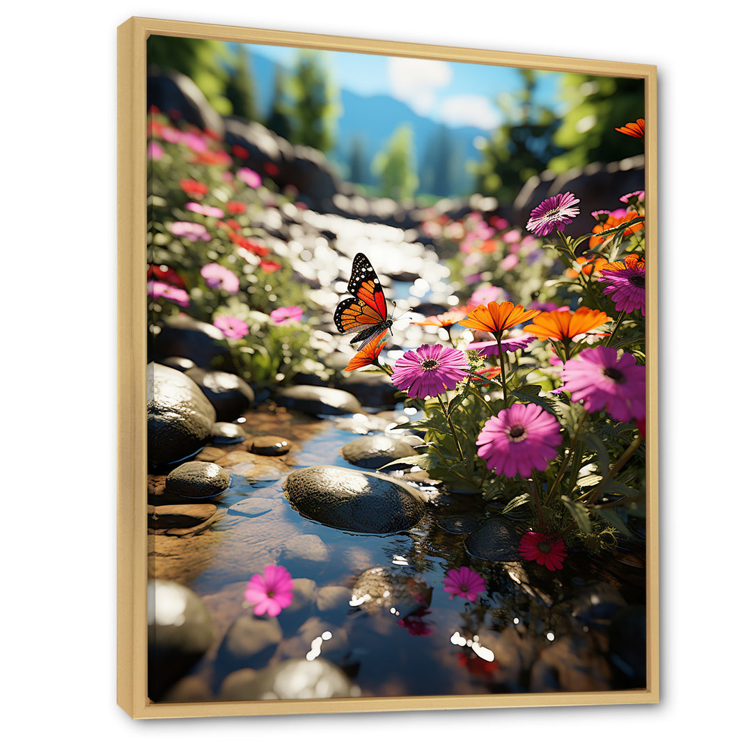Orange Monarch Butterfly Flowerful Stream - Butterfly Home Decor Art