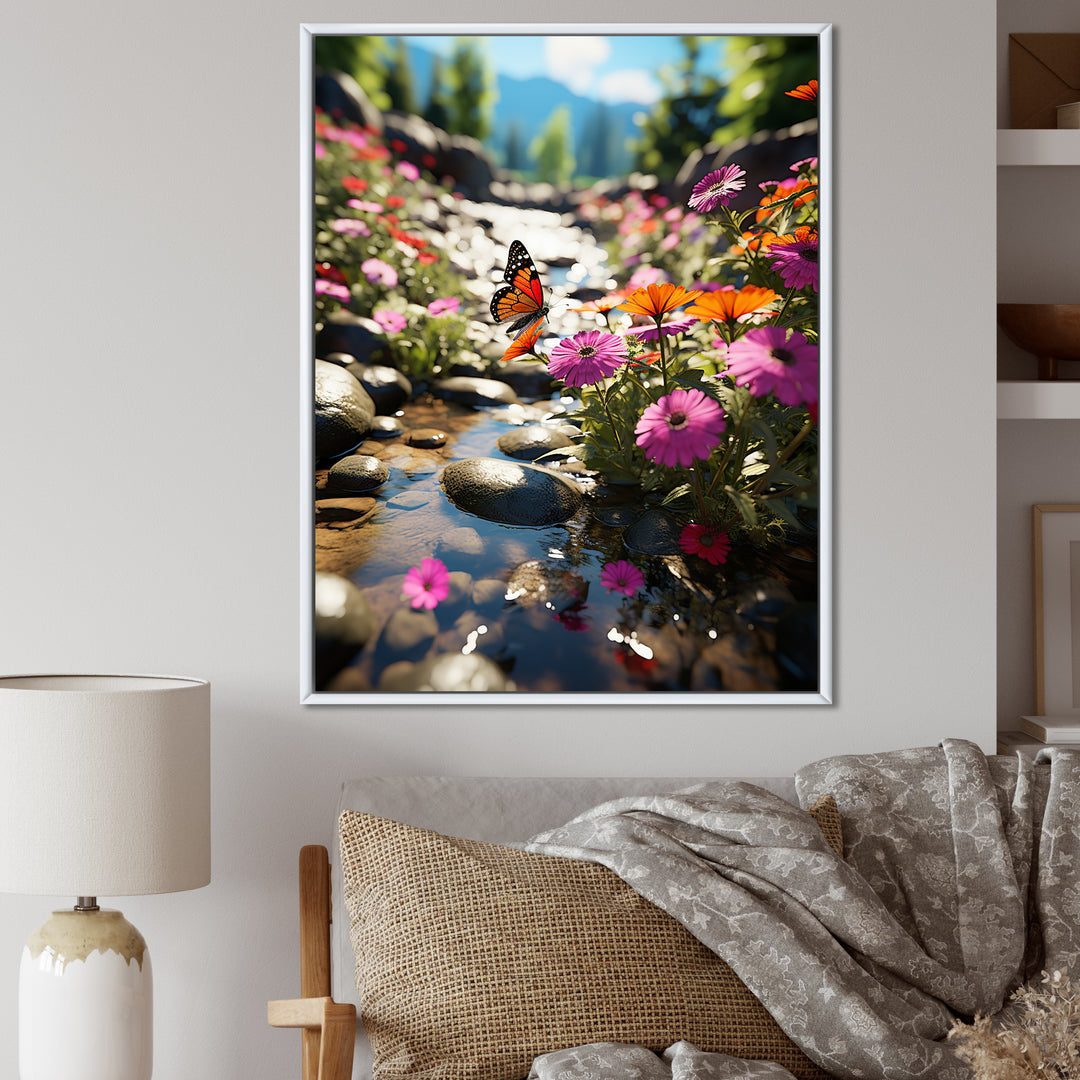 Orange Monarch Butterfly Flowerful Stream - Butterfly Home Decor Art