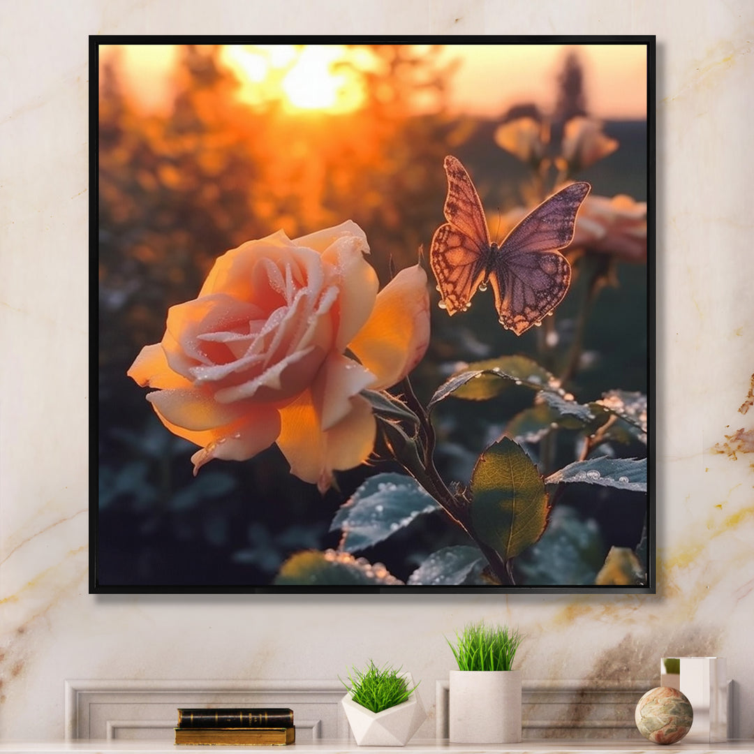 Butterfly On Pink Rose During Sunrise - Butterfly Wall Decor