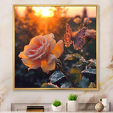 Butterfly On Pink Rose During Sunrise - Butterfly Wall Decor
