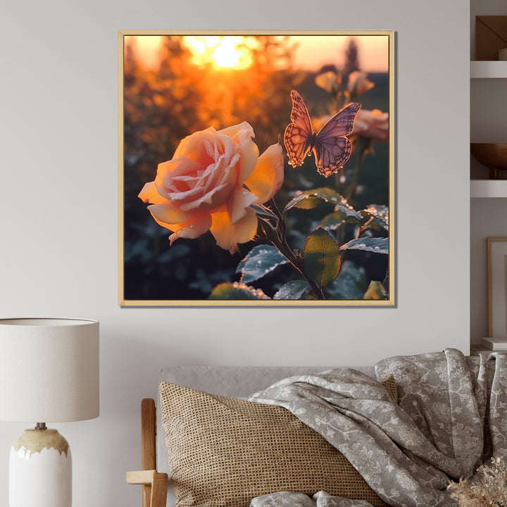 Butterfly On Pink Rose During Sunrise - Butterfly Wall Decor