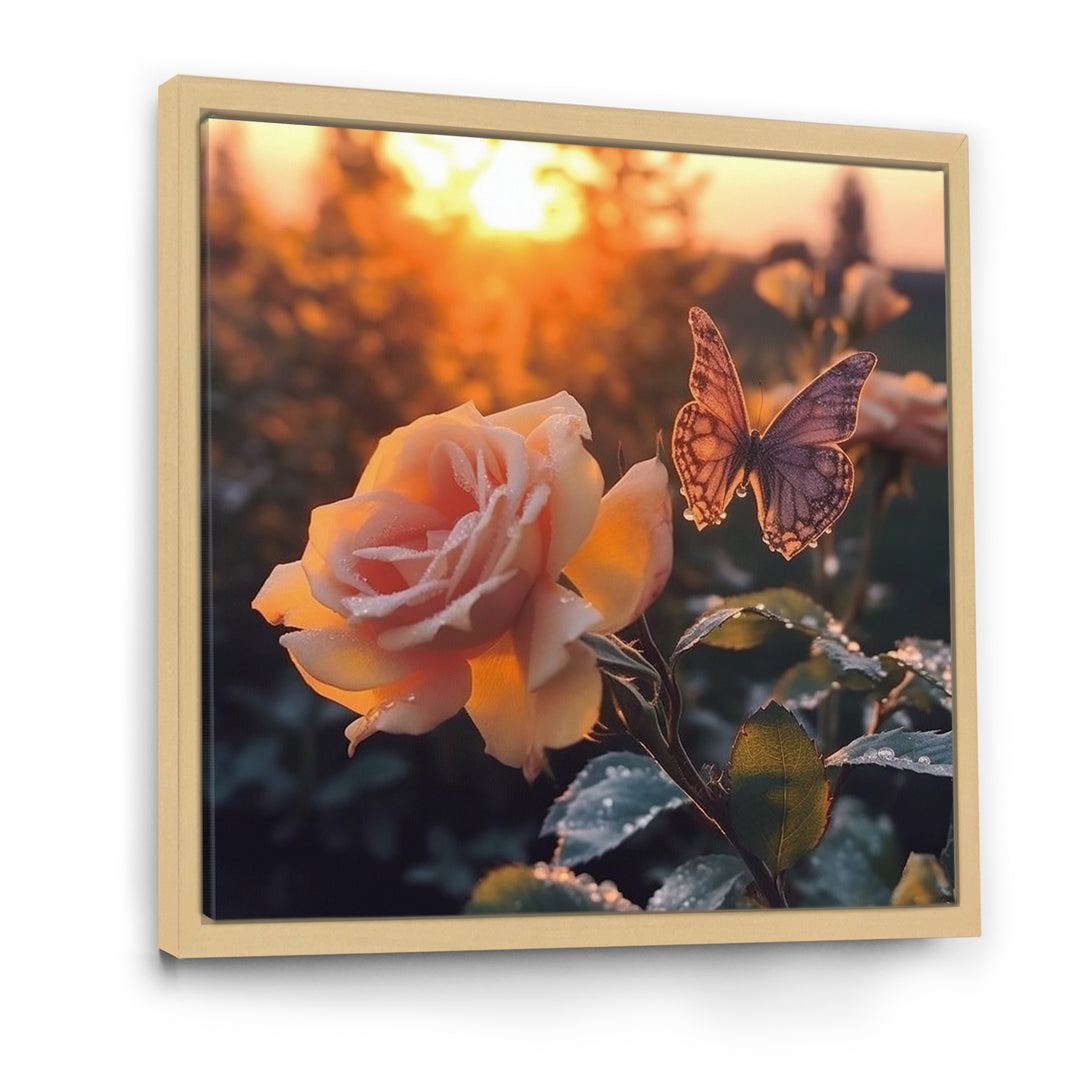 Butterfly On Pink Rose During Sunrise - Butterfly Wall Decor