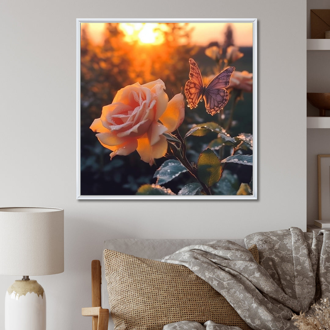 Butterfly On Pink Rose During Sunrise - Butterfly Wall Decor