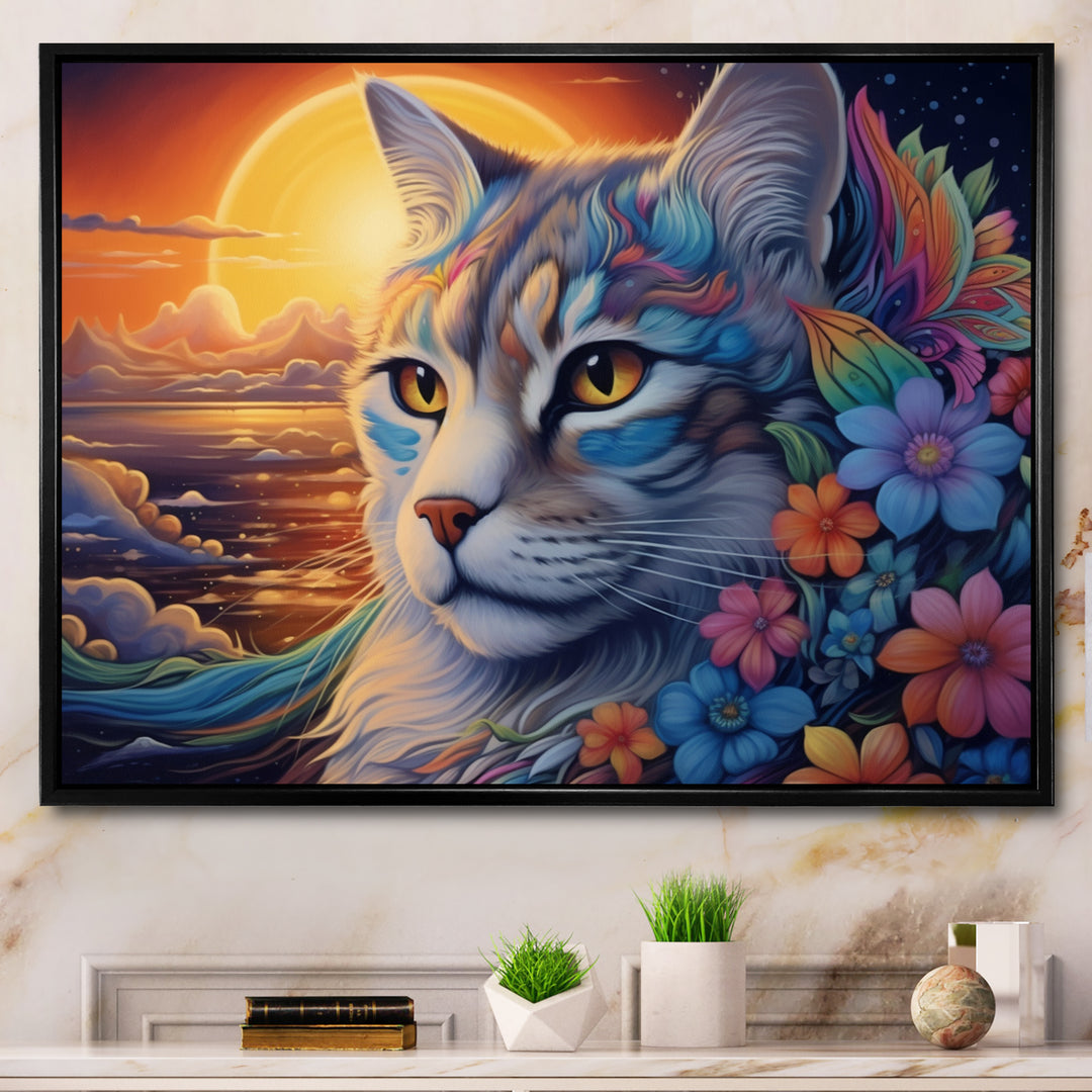 Glorious Cat With Rainbows Flower At Sunset - Cat Canvas Wall Art