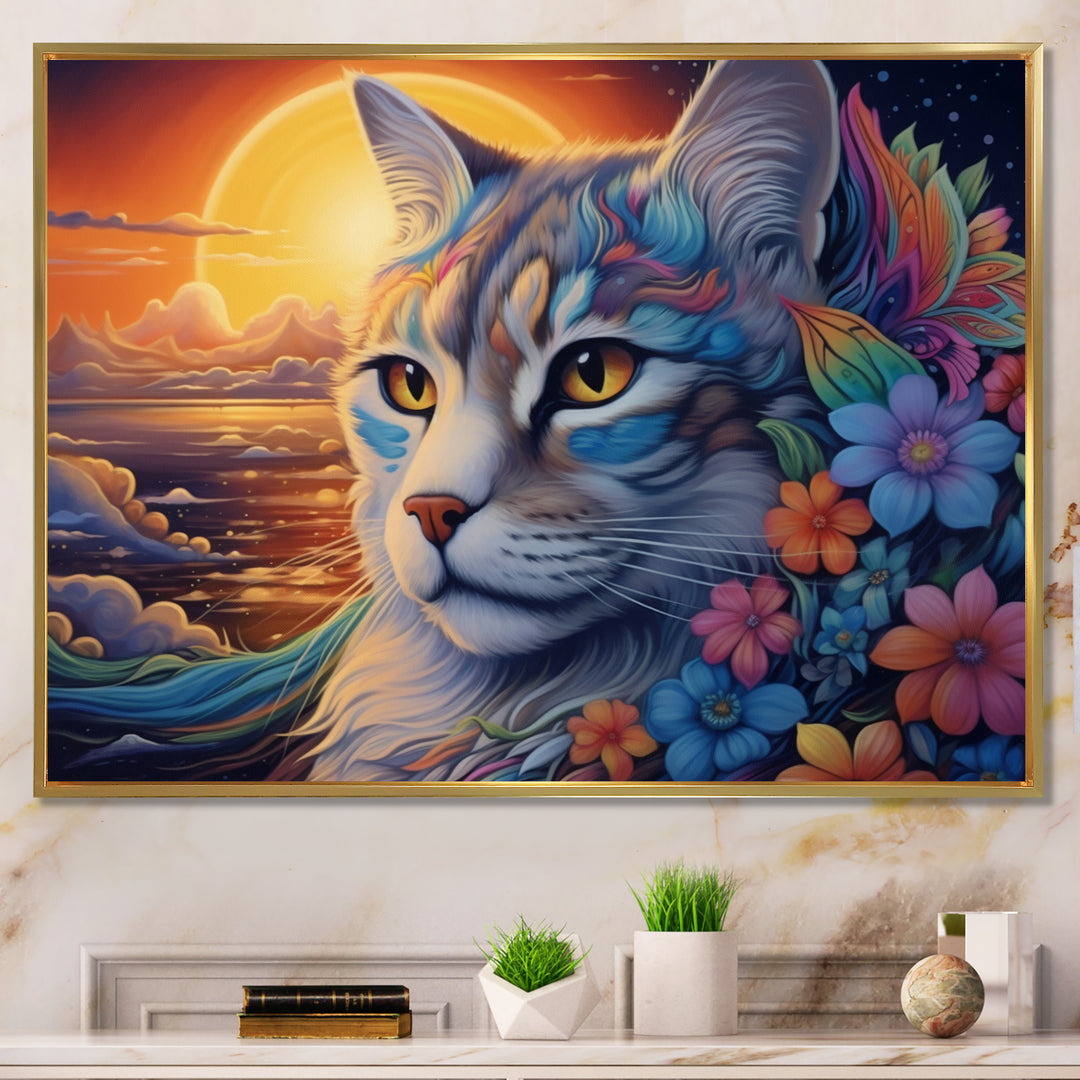 Glorious Cat With Rainbows Flower At Sunset - Cat Canvas Wall Art