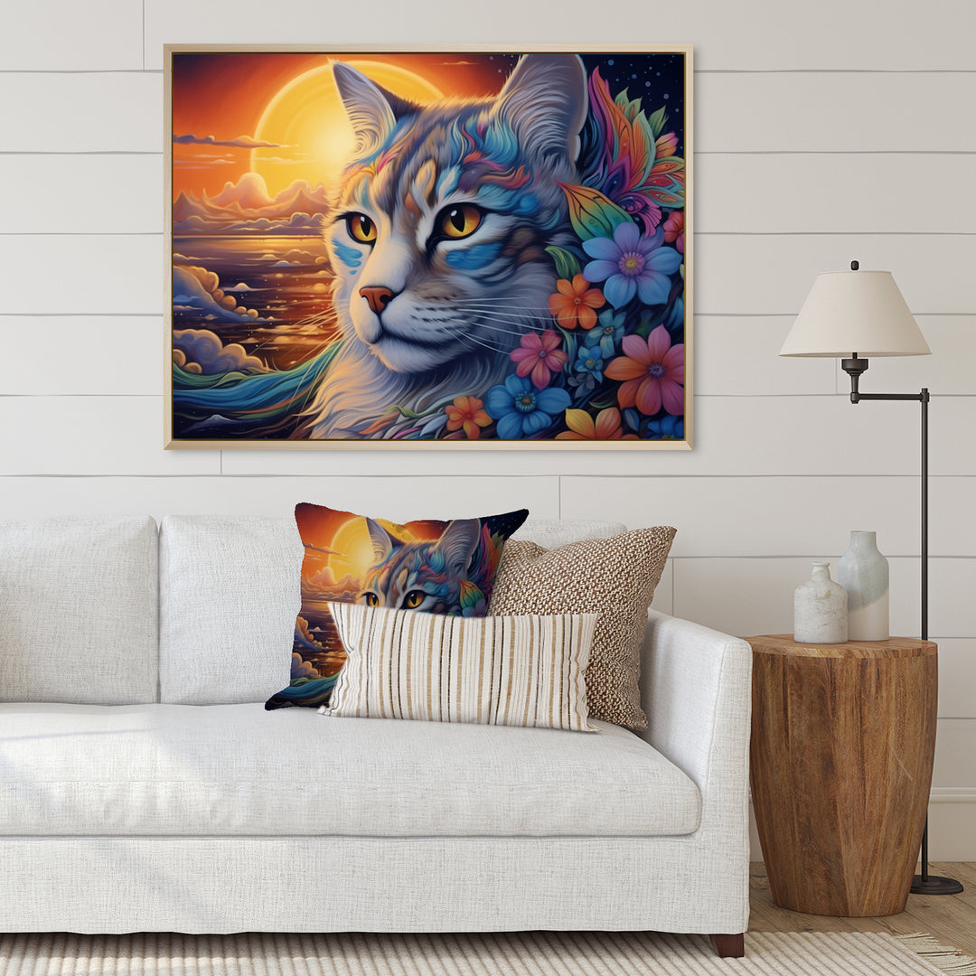 Glorious Cat With Rainbows Flower At Sunset - Cat Canvas Wall Art