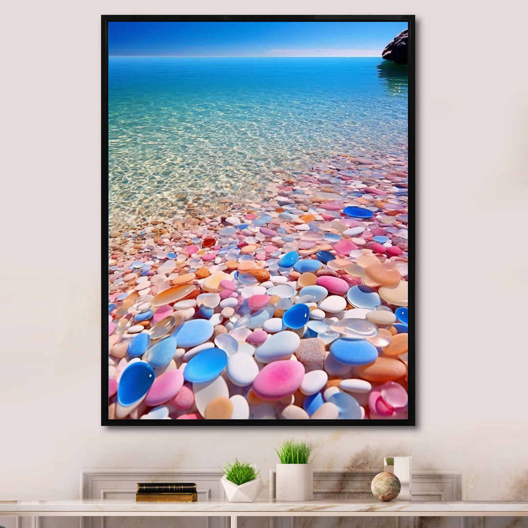 Turquoise Pink Pebbles On Paradise Ocean Beach - Red Cat Wall Art