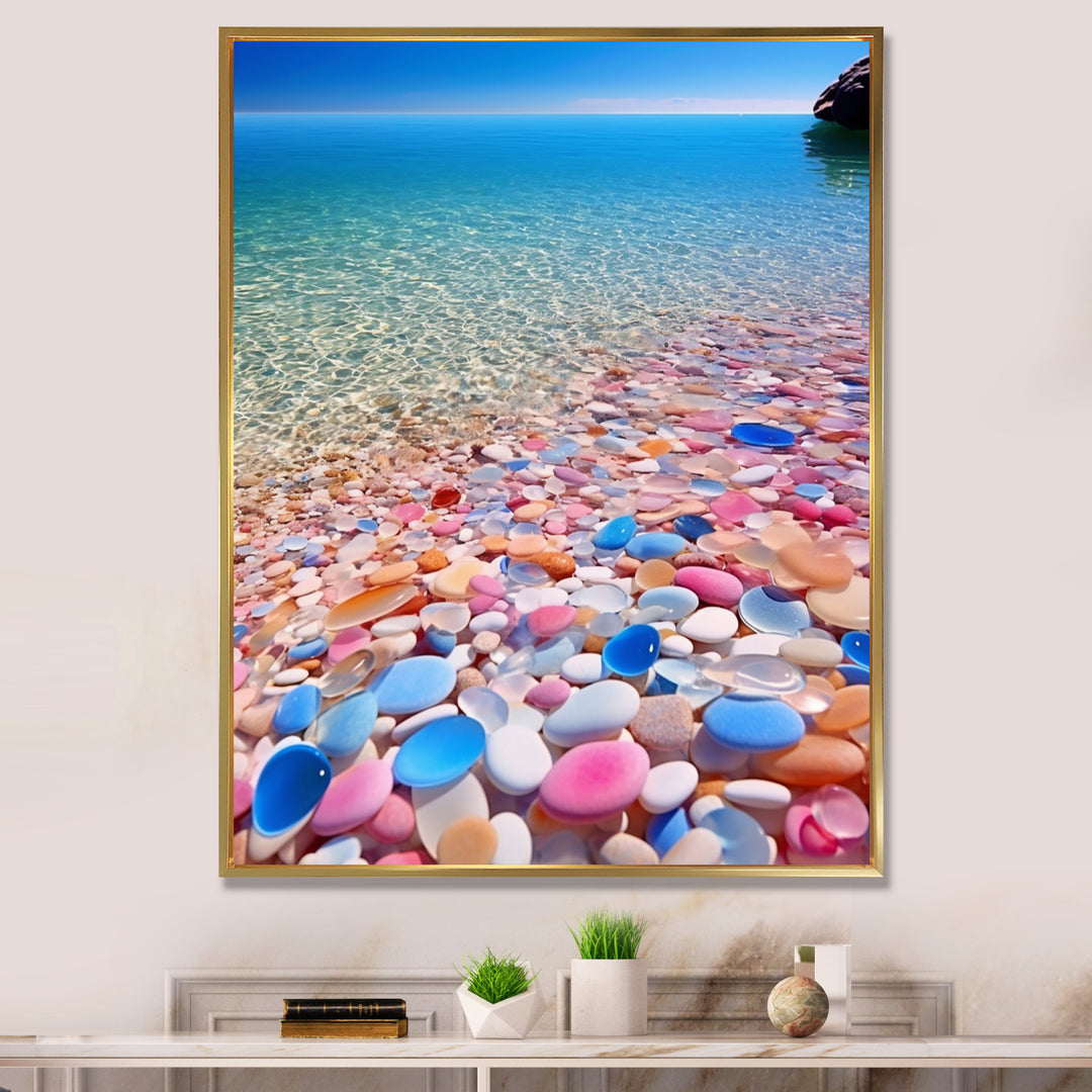 Turquoise Pink Pebbles On Paradise Ocean Beach - Red Cat Wall Art