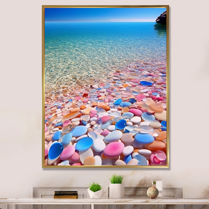 Turquoise Pink Pebbles On Paradise Ocean Beach - Red Cat Wall Art