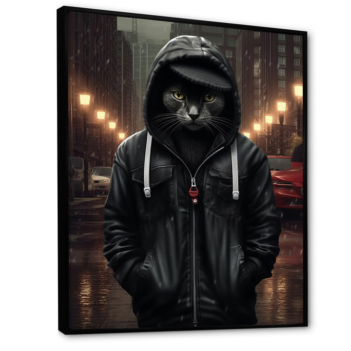 Cool Cat In Black Hoody Street Cred - Cat Framed Canvas Art