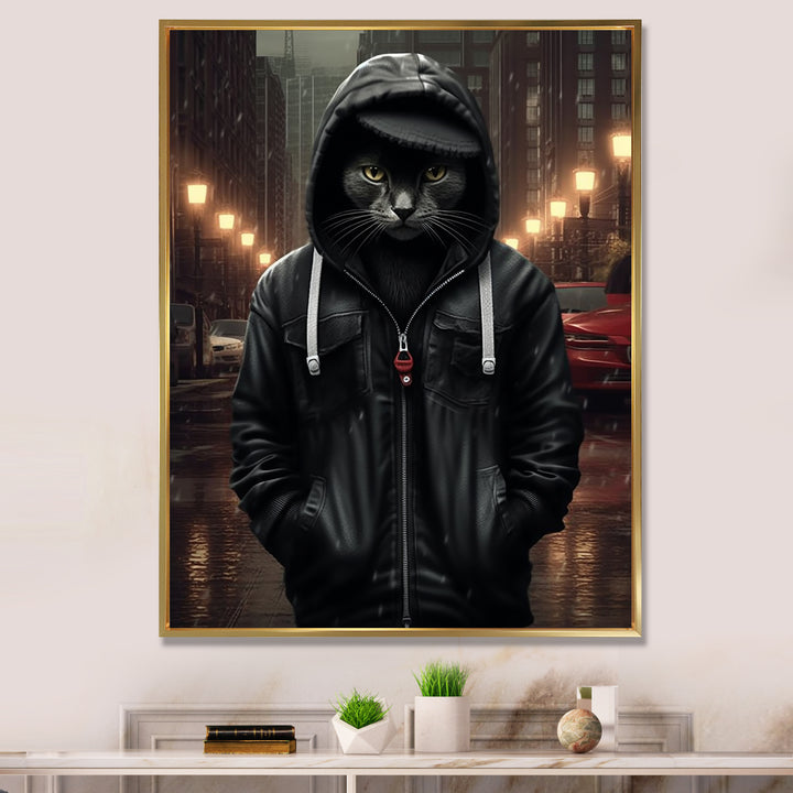Cool Cat In Black Hoody Street Cred - Cat Framed Canvas Art