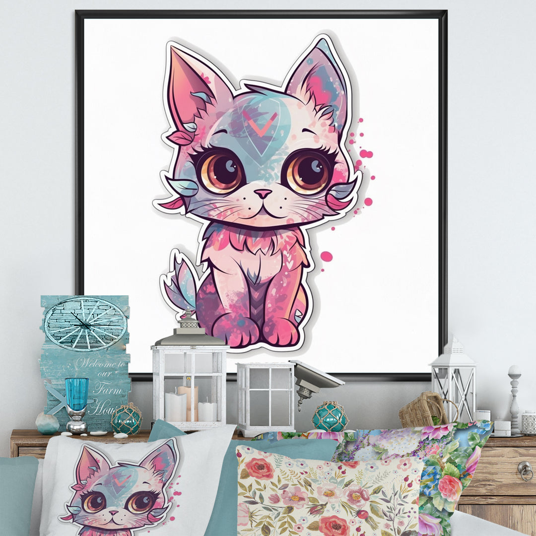 Pink Cute Kitten Cat Illustration - Cat Wall Decor