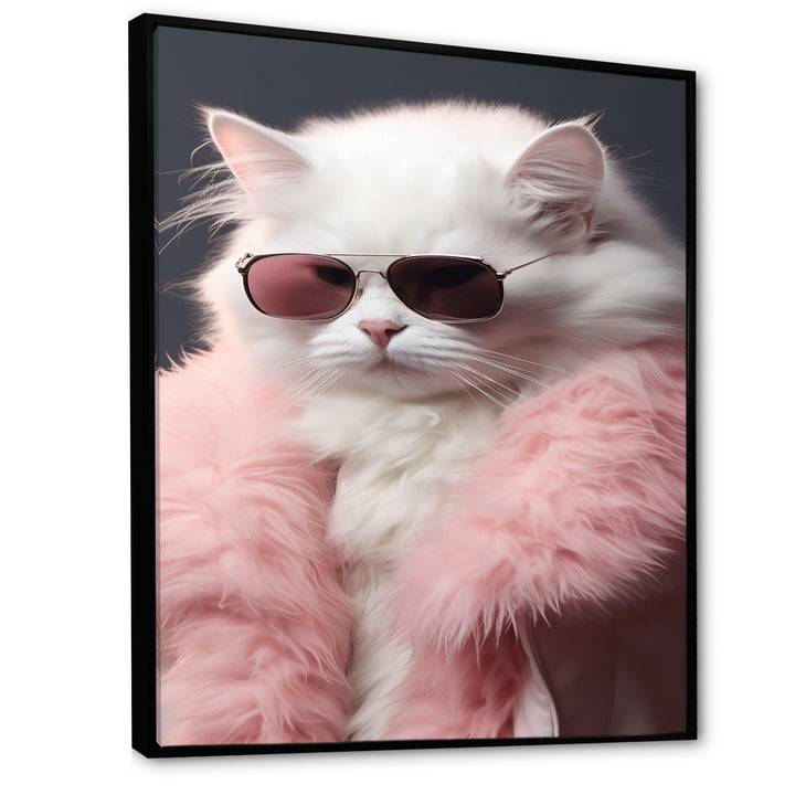 White Cat In Pink Fur Felline Attitude - Cat Wall Art Prints