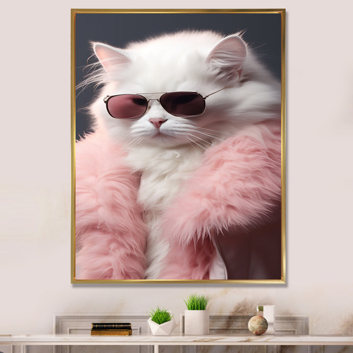 White Cat In Pink Fur Felline Attitude - Cat Wall Art Prints